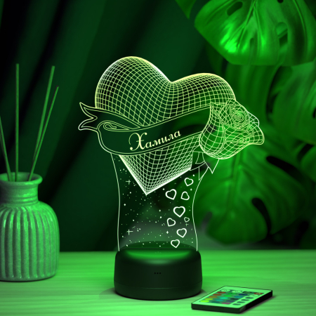 3D светильник  Светильник "Сердце с розой с именем Хамила"