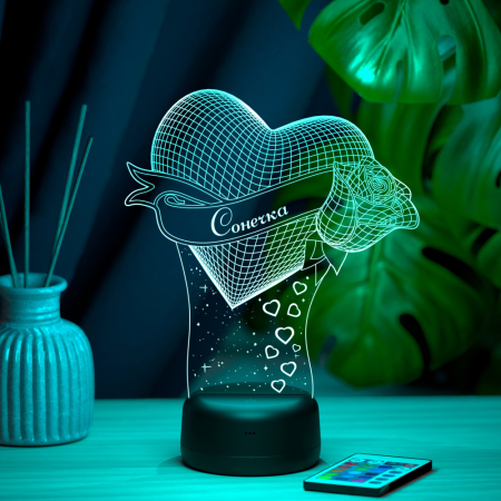 3D светильник  Светильник "Сердце с розой с именем Сонечка"