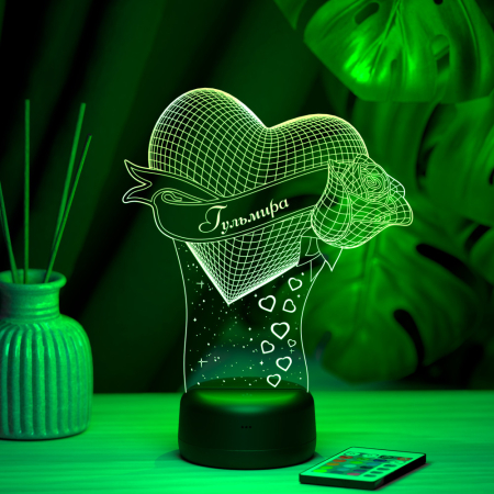 3D светильник  Светильник "Сердце с розой с именем Гульмира"