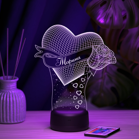 3D светильник  Светильник "Сердце с розой с именем Марина"