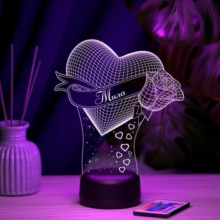3D светильник  Светильник "Сердце с розой с именем Мила"
